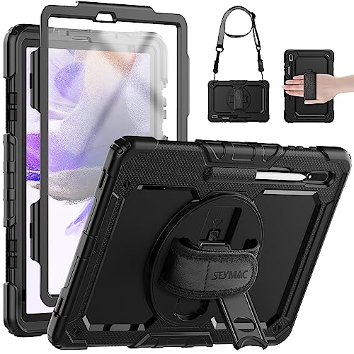 SEYMAC Hülle für Samsung Galaxy Tab S7 FE 2021/S8 Plus 2022/S7 Plus 2020 12,4 Zoll, Stoßfest Hülle mit Displayschutzfolie, Drehbarem Ständer/Handschlaufe, Schultergurt, Pen Halter, Schwarz
