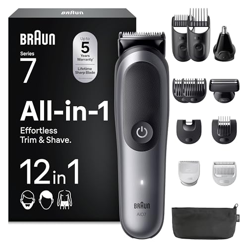 Braun All-in-One Series 7, 12-in-1 Multigroom, Barttrimmer, Nasenhaartrimmer, Haarschneidemaschine für Gesicht, Kopf und Körper, 120 Min Akku, 14 Längen (0.1–21 mm), Wasserdicht, AIO7545, Grau