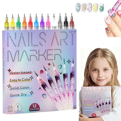 12 Farben 3D Nagellack Stift Set, Nail Art Marker Kinder Nagellack, DIY Linie Nagelkunst Graffiti 3D Stift fur Nail Art Beauty Zeichenmalwerkzeuge (1 Set)