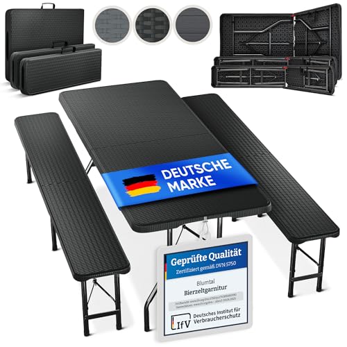Blumtal Bierzeltgarnitur 3er Set - 2X Bierbank + 1x Biertisch - tragstarke Biertischgarnitur klappbar für 8 Personen - Bierbankgarnitur mit Tragegriff - Biergartengarnitur in Rattan-Optik Schwarz