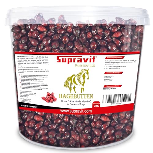 Supravit Hagebutten Pferd | Mit viel Vitamin C für Pferde und Ponys | 2kg Eimer I Ganze getrocknete Früchte - natürliche Pferdeleckerlis ohne Zucker | Erstklassige Qualität