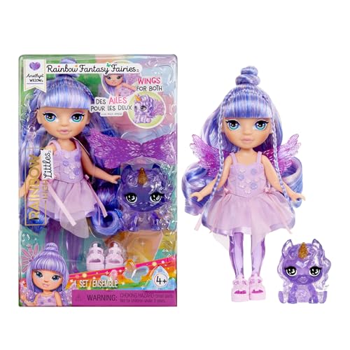 Rainbow High Littles Rainbow Fantasy Fairies & Pet - Amethyst, Lila - 14 cm Kleine, Bewegliche Puppe & Fantasie Pegasus Einhorn mit Austauschbaren Feenflügeln, Süßes Geschenk für Kinder ab 4