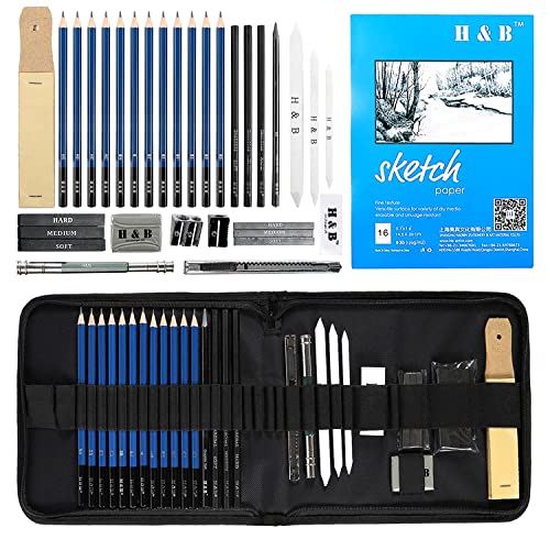 H & B Professionelle Zeichensets Skizzierstifte Zeichnung Bleistifte Werkzeug Geeignet für Künstler Student Lehrer Anfänger(inkl. Skizzenbuch 33Stück) Profi Art Set mit und Kit Bag