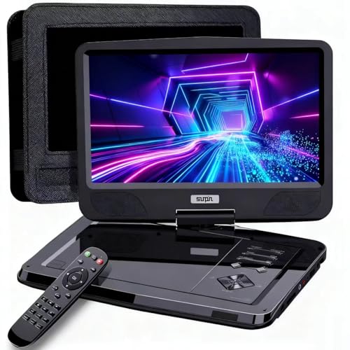 SUNPIN 12,5 Zoll Tragbarer DVD Player mit 10,5 Zoll HD Schwenkbaren Bildschirm, 6h Akkulaufzeit, Region Free, AV-Out/Kopfhörerbuchse, Auto Halterung Inklusive - Ideal für Reisen/Auto/Kinder