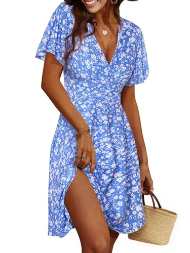 Cicy Bell Damen Sommerkleid Kurzarm Blumenmuster Kleider Blau M