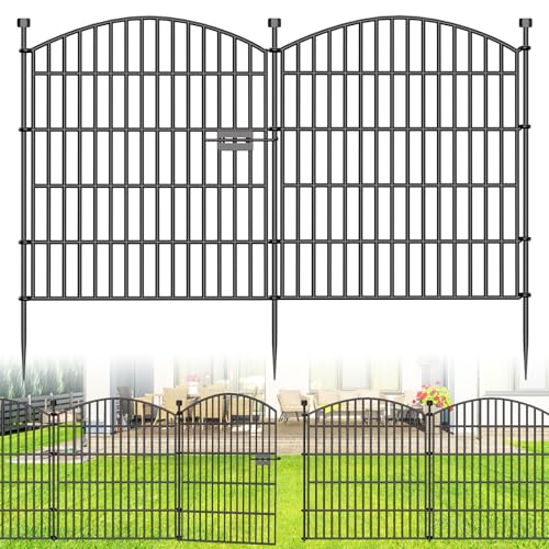 10 Paneele Deko Gartenzaun mit Tor - 81 cm (H) x 7,2 m (L) Hundezaun ohne Hofgraben, rostfreie HochZaunpaneele, Tierbarriere geeignet für