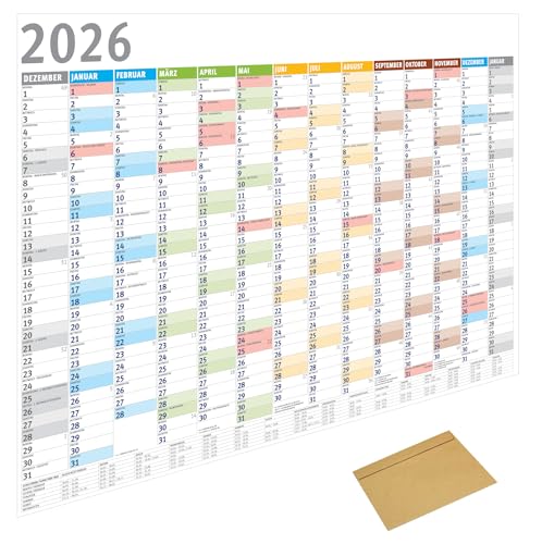 Din A1 Wandkalender für 2026, 14 Monate, Jahreskalender Monatsübersicht, (84,1 cm x 59,4 cm),Planer Termine, bspw. für Büro, Zuhause, Jahresplaner, Monatsplaner, Familienkalender, Kalender gefaltet