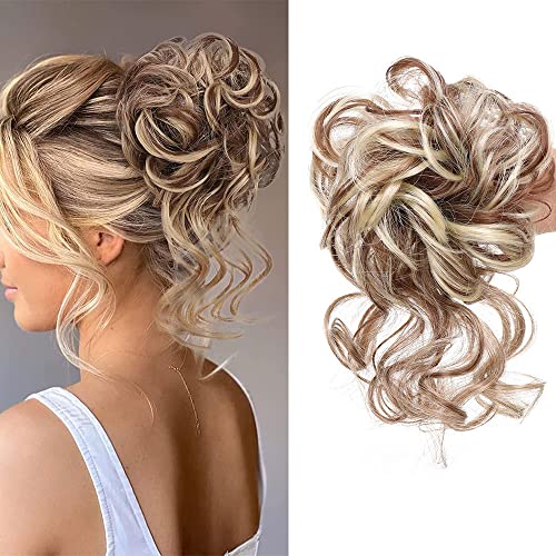 Große Dutt Haarteil Haargummi Mit Haaren Hochsteckfrisuren Gelockt Messy Bun Haarteil mit Gummiband Synthetisch haardutt für Frauen Mädchen (12H613 (Mittelbraun Mischen Erdbeerblond)