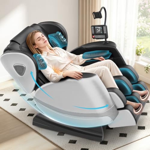 Gegcucey Ganzkörper Massagesessel mit Rollen & Airbags für Massage, Zero Gravity mit Bluetooth Lautsprecher und Touchscreen, Heizfunktion für Taille & Beine, mit Fußmassage für Hause/Büro (Hellgrau)