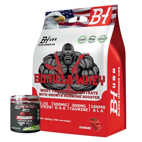 GORILLA Whey Protein 5KG + Free EAAs – Black Hammer USA Protein Powder for Muscle Growth & Recovery (5000g, Erdbeere)