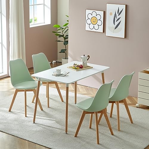 H.J WeDoo Esszimmergruppe Esstisch mit 4 Stühlen Essgrupp, 110cm Rechteckig Küchentisch und 4er Set Esszimmerstühle Sitzgruppe für Wohnzimmer Küche Büro(Weiß Tisch+4 Eiscreme-Grün Stühle)