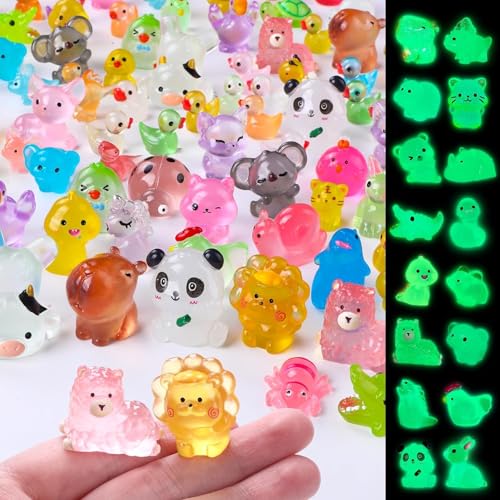 DTYDECLE 60 Stück Mini Harz Tiere, Mini Leuchtende Figuren Bunte Kleine Tierfiguren Winzige Tiere Leuchtend für Gartendeko DIY Micro Landschaft Szenen Heimdekorationen