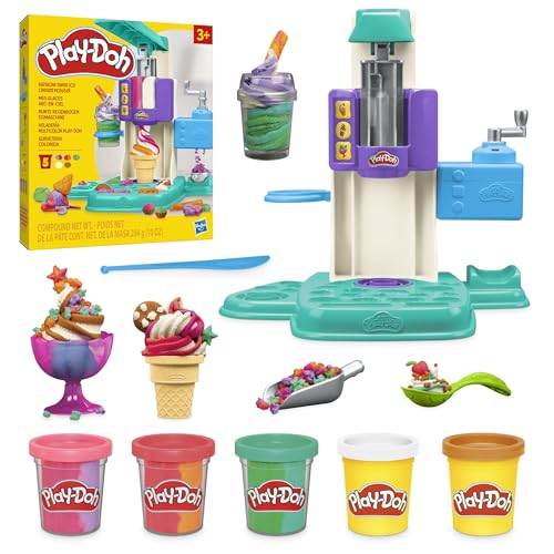 Play-Doh Bunte Regenbogen Eismaschine, 2 x 56g einfarbig & 3 x 56g zweifarbig, Spielküchen-Set mit Zubehör, kreatives Spielen für Kinder ab 3 Jahren