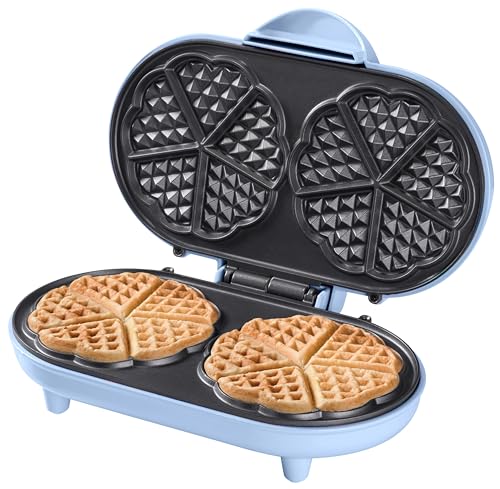 Bestron Doppel-Waffeleisen für klassische Herzwaffeln, Herzwaffeleisen mit Backampel & Antihaftbeschichtung, ideal für Kindergeburtstage, Ostern & Weihnachten, Farbe: Blau