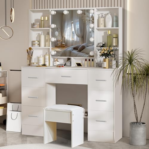Saimeihome Weißer Schminktisch 100x40x140cm - mit LED-Licht, 6 Schubladen und großem Spiegel + Hocker für Schlafzimmer