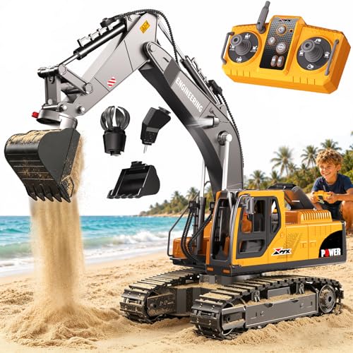 GraceDuck 3-in-1 RC Bagger Spielzeug mit Metall-Aufsätzen - 2,4GHz Ferngesteuerter Bagger für Sandkasten & Outdoor, 680° Drehbarer Strandspielzeug, Sandspielzeug Geschenk für Kinder ab 6-12 Jahren