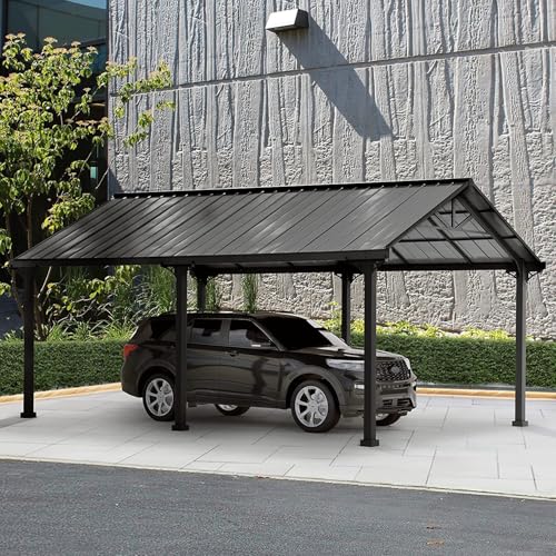 SUNJOY Carport für den Außenbereich, 6,1 x 3,6 m, dickere 10 cm Pfosten, pulverbeschichtetes Stahldach, Robustes Carport, UV-beständig und wasserdicht, Gartenpavillon für SUV, LKW und PKW, Schwarz