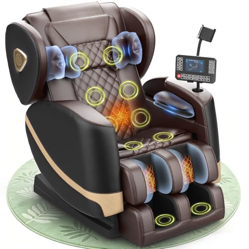Massagesessel, Ganzkörper-Massagesessel mit Zero-Gravity, 14 Rollen und 8 Komfort-Airbags, Mit Heizfunktion für Taille und Beine Fußmassage, Bluetooth-Player und 2-in-1 Touchscreen (Schwarz + Braun)