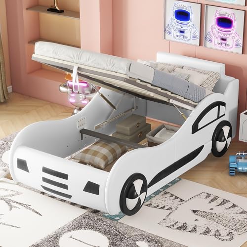 Autobett Kinderbett 90 x 200 cm, Hydraulisch Stauraumbett mit Stauraum und Lattenrost, Kinder Spielbett, Aufregendes Auto Kinderbett für kleine Rennfahrer, Flachbett Bettgestell, ohne Matratze (Weiß)