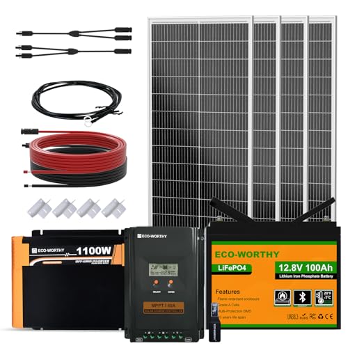 ECO-WORTHY 1,6 kWh solaranlage komplettset mit 12V 100AH LiFePO4 Batterie + 4 Stücke 100W Solarpanel + 30A Laderegler Bluetooth + 1100W Wechselrichter, Solaranlage Komplettset für Dach Haus Balkon Gar