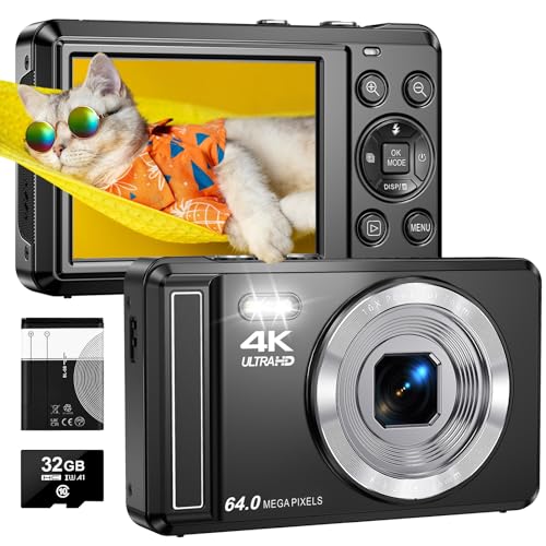 4K 64MP Digitalkamera mit 32 GB TF-Karte, Autofokus Fotoapparat mit 16X Digitalzoom Tragbar Kompaktkamera mit 1200mAh Batterie, USB-Kabel, für Kinder Teenager Erwachsene Anfänger
