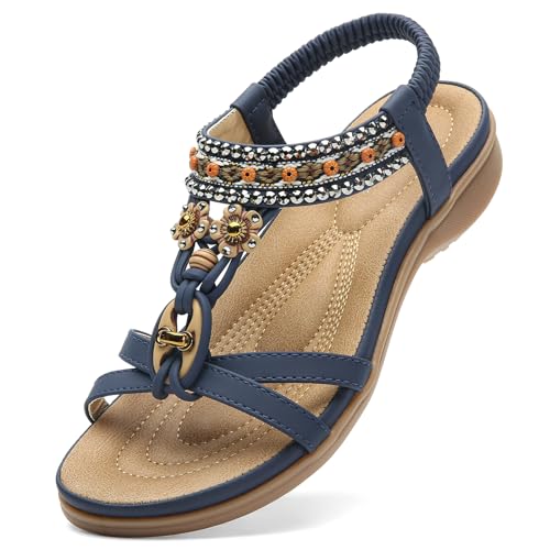 Littleplum Sandalen Damen Freizeit Flach Sandalette mit Strass Perlen Bohemia Strand Schuhe Casual Ankle Elastic Flip Flops,A Blau 39 EU