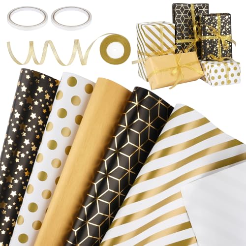 Geschenkpapier Schwarz Gold, 5 Blätter Geschenkpapier Geburtstag - 70X50cm