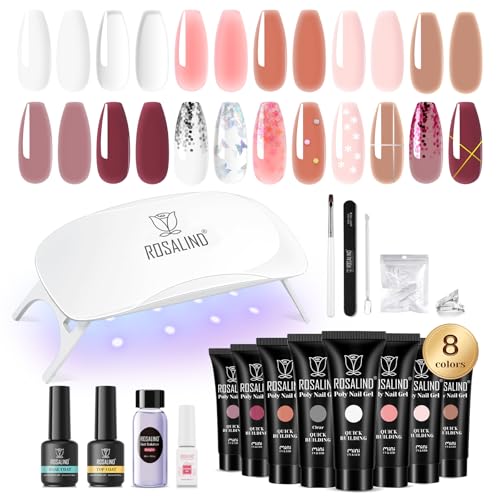 ROSALIND Gelnägel Starterset, 8 Farben Poly Nail Gel Set mit Mini UV Lampe, Base Top Coat und Maniküre-Werkzeuge, Nagelverlängerungs Gel Starter Set für Profesionelle Salon & zu Hause DIY