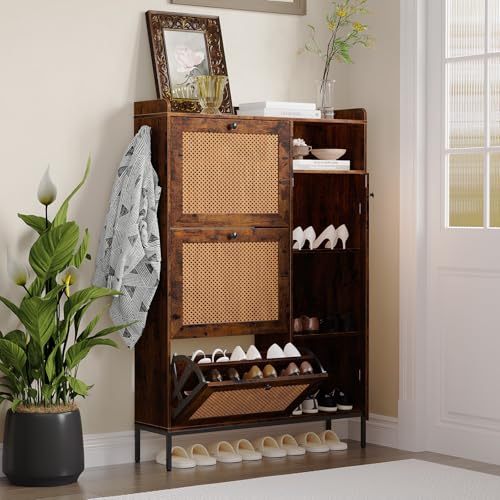 OPULENTHOME Rattan Schuhschrank mit 3 Klapptüren & offenem Fach,Schuhschrank Schmal mit höhenverstellbaren Böden,Platzsparender Flurschrank für Eingangshalle, Flur, Wohnzimmer(131X90X24CM,Braun)