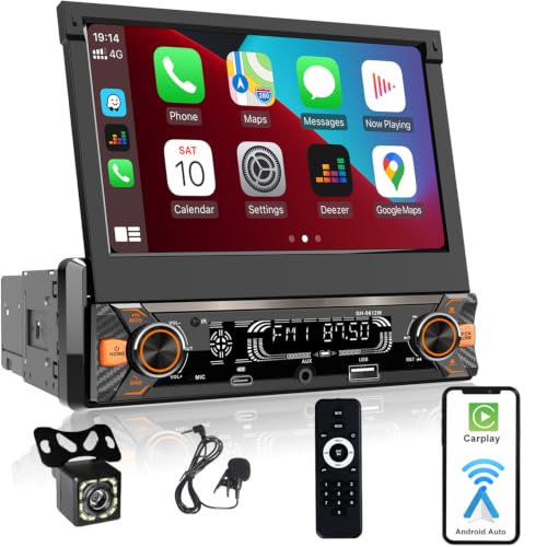 Alondy Autoradio 1DIN mit Ausklappbarer Bildschirm(7 Zoll automatisch), Kompatibel mit [Wireless] Apple CarPlay/Android Auto Bluetooth Typ-C USB(3A Schnellladung) AM/FM/RDS Radio Rückfahrkamera AUX