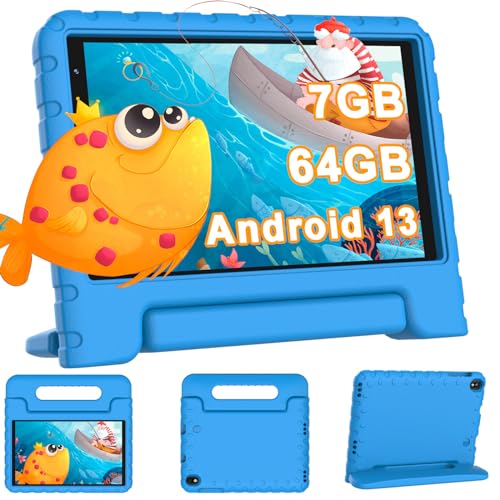 YESTEL Kinder Tablet mit Wi-Fi 6, Android 13, 7GB RAM 64GB ROM (Erweiterung 1TB), Bluetooth 5.0, Bildung Tablet 8 Zoll 1280 * 800 IPS, 3600mAh Akku, Doppelkamera, GPS, mit Kindersicherer Hülle, Blau