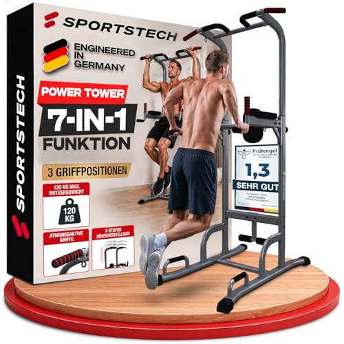 Sportstech 7in1 Power Tower PT300 als Dip Station & Kraftturm, multifunktionale Kraftstation für Zuhause mit Klimmzugstange, Liegestützgriffe und 4 Ösen für TRX, Ropes & Schlingen, Sit-Ups, in schwarz