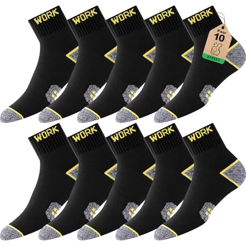 Effeet 10 Paar Kurze Arbeitssocken Herren Quarter Socken, Gepolsterte Verstärkte WORK Socken, Atmungsaktiv Kurzsocken mit Komfortbund, Work Socks 43-46