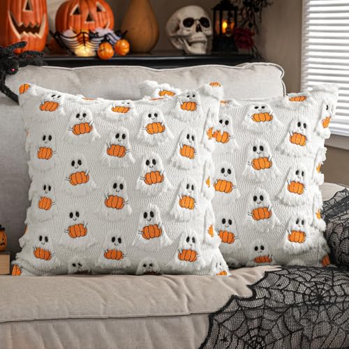 Pipihome Halloween Kissen, 2 Stück Halloween Bettwäsche, 45x45 cm Kissenbezüge Geist, Ghosts Kissen Cover, Herbst Deko Sofa Wohnzimmer Pillow, Boo Basket Geschenk für Party
