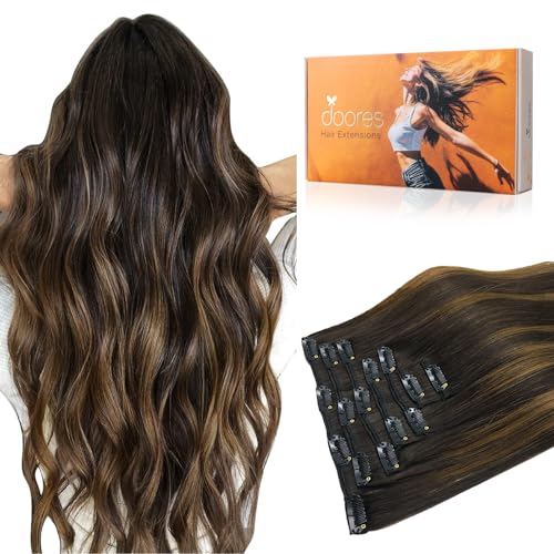 DOORES Clip in Extensions Echthaar, Balayage Dunkel Braun to Chestnut Braun Extensions Echthaar 35cm 14 Zoll 7 Stück 120g Remy Haarverlängerung Echthaar Natürliche Echthaar Extensions