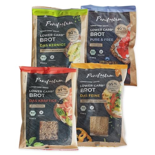 Panifactum Brot Probierpaket, Set mit 4 Low Carb BIO-Broten, Ketogene Ernährung, Getreide-, Soja-, Hefe-, & Glutenfrei, Sättigend & Kohlenhydratreduziert, für Frühstück & Abendessen, 760 g