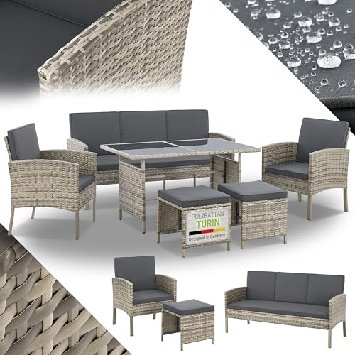 Juskys Polyrattan Gartenmöbel Sitzgruppe Turin Set 6 teilig - 7 Personen - Outdoor Möbel mit Sessel, Hocker, Tisch & Kissen - Garten Loungemöbel grau-meliert
