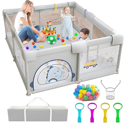 Laufstall Baby, 200x180cm Laufgitter Baby mit Rutschfestem Boden, Stabiler und Sicherer Indoor-Babyspielplatz, Inkl. 60 SeebäLle, 4 Griffe, Playpen, Aufbewahrungstasche, (Dinosaurier-Muster)