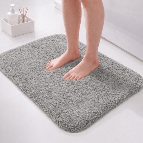 PUFFMAT Mikrofaser-Badematte 60 x 40 cm, Grau, saugfähige Badematte mit weichem Plüschflor und TPR-Rückseite, maschinenwaschbare, kompakte Badematte für Dusche, Toilette und Gästebad