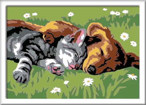 Ravensburger CreArt 28015 - Tiefer Schlaf - Malen nach Zahlen Hund und Katze für Kinder ab 7 Jahre, Malset mit Rahmen, Pinsel und Acrylfarben, Geschenk für Mädchen und Jungen