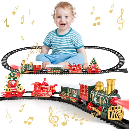 deAO Elektrische Zug Spielzeug, Weihnachtszug mit Licht & Sound, Eisenbahn Schienen Zug Set Batterielok, Eisenbahn Spielset mit Zuggleis und 4 Zugwaggons, Weihnachten Geschenk für Kinder