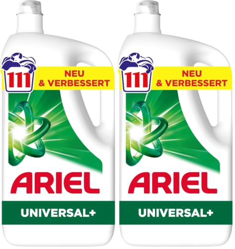 Ariel Flüssigwaschmittel, 111 Wäschen, Universal+ Waschmittel, Fleck-Weg-Power beim 1. Waschen, selbst in kaltem Wasser (Packung mit 2)