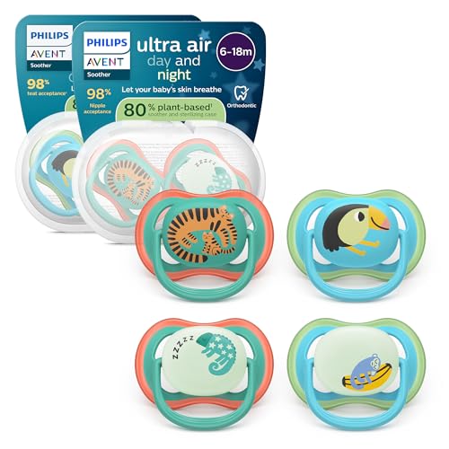 Philips Avent ultra air Day & Night Schnuller – kiefergerecht geformtes Design, für Babys, 6–18 Monate, leuchtet im Dunkeln, weicher, symmetrischer Silikonsauger, BPA-frei, 4er-Pack, SCF087/27