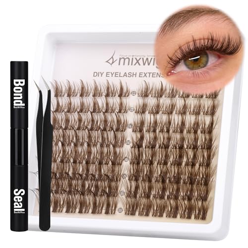 Wimpernbüschel Kit Wispy Wimpernbüschel Wimpernverlängerung Natürliche Wimpernverlängerung Kit mit 12-18MM Braune Einzelwimpern Wimpern Bonding und Versiegelung & Wimpern Applikator