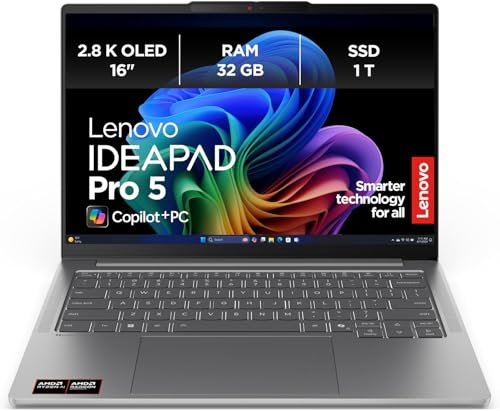 Lenovo IdeaPad Pro 5 AI Laptop | 16” 2.8K OLED Display | Copilot+ PC | AMD Ryzen AI AI 7 350 | 32GB RAM | 1TB SSD | AMD Radeon Grafik | Windows 11 Home | QWERTZ | Luna Grau | 3 Monate Premium Care