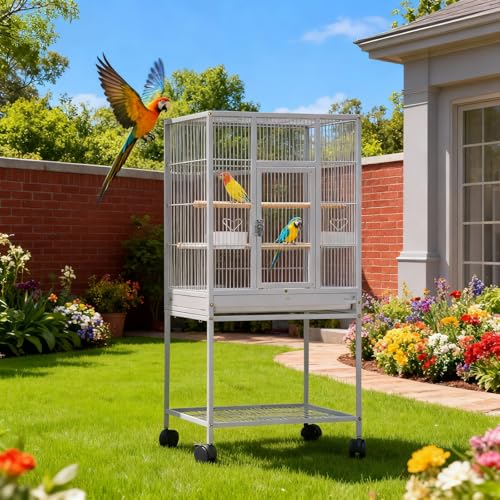 Großer Vogelkäfig 48.5 x 46 x103cm, Vogelvoliere mit 360° Rollen, Sitzstangen, Futternapf und Schmutzwanneneinsatz, Leicht zu Reinigendem Hoher Papageienkäfig Zuchtkäfig