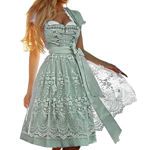Dirndl Damen Trachten Dirndlkleid, Dirndl Grün Midi Set Midi Lang Dirndlschürze Komplettsets Trachtenkleid Mit Schnürung Trachtenmode Oktoberfest Outfit Trachtenrock Kleid Für Oktoberfest Grün M