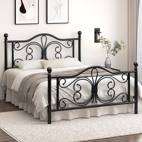 Bett 140x200 mit Schmetterlingsmuster Kopf und Fußteil, Metallbett, Schwarz