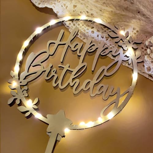 Happy Birthday Tortendeko aus Holz Cake Topper, Kuchen Deko Geburtstag mit LED Lichterkette,Tortendeko Geburtstag Kuchen Topper, Happy Birthday Deko