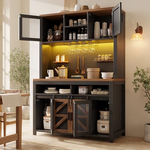 Xwiny Küchenschrank mit LED-Beleuchtung und USB-Anschluss, Hochschrank mit Multifunktionaler Stauraum, Buffetschrank mit Metallgittertüren und Lochblech, Schwarz-B, 120x40x174.5 cm